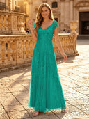 Sequin A Line V Neck Short Sleeves Long Evening Dresses