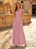 Sequin A Line V Neck Short Sleeves Long Evening Dresses