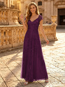 Sequin A Line V Neck Short Sleeves Long Evening Dresses