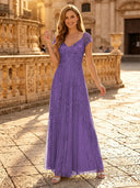 Sequin A Line V Neck Short Sleeves Long Evening Dresses