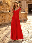 Sequin A Line V Neck Short Sleeves Long Evening Dresses