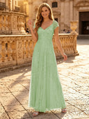 Sequin A Line V Neck Short Sleeves Long Evening Dresses