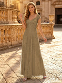 Sequin A Line V Neck Short Sleeves Long Evening Dresses