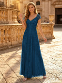 Sequin A Line V Neck Short Sleeves Long Evening Dresses