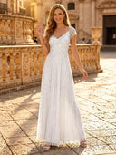 Sequin A Line V Neck Short Sleeves Long Evening Dresses