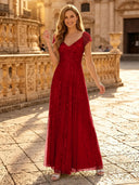Sequin A Line V Neck Short Sleeves Long Evening Dresses