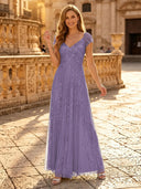 Sequin A Line V Neck Short Sleeves Long Evening Dresses