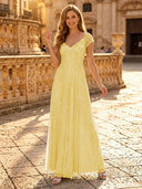 Sequin A Line V Neck Short Sleeves Long Evening Dresses