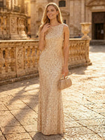 Sequin Mermaid Boat Neck Sleeveless Long Evening Dresses