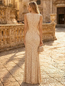 Sequin Mermaid Boat Neck Sleeveless Long Evening Dresses