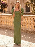 Sequin Mermaid Square Neck Puff Sleeves Long Evening Dresses