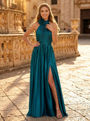Satin A Line Halter Sleeveless Long Evening Dresses with Slit