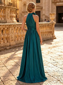 Satin A Line Halter Sleeveless Long Evening Dresses with Slit