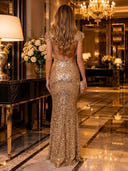 Sequin Mermaid Square Neck Flutter Sleeves Long Evening Dresses