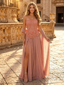 Chiffon A Line Strapless Long Evening Dresses with Slit