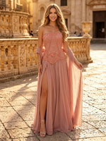 Chiffon A Line Strapless Long Evening Dresses with Slit