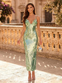 Sequin Mermaid Spaghetti Straps Long Evening Dresses with Flowers