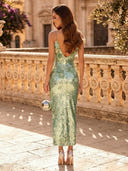 Sequin Mermaid Spaghetti Straps Long Evening Dresses with Flowers