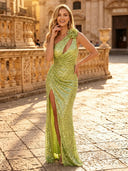 Glitter Sequin Mermaid One Shoulder Long Evening Dresses with Slit