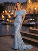 Sequin Mermaid Off Shoulder Long Evening Dresses with Feather