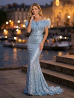 Sequin Mermaid Off Shoulder Long Evening Dresses with Feather