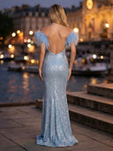 Sequin Mermaid Off Shoulder Long Evening Dresses with Feather