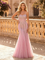 Glitter Tulle Mermaid Strapless Long Evening Dresses with Beads