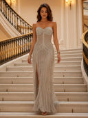Rhinestone Mermaid Strapless Sweetheart Long Evening Dresses with Slit