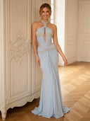 Chiffon Mermaid Halter Sleeveless Long Evening Dresses with Beads