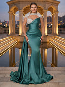 Satin Mermaid Long Sleeves Long Evening Dresses with Beads