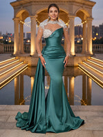 Satin Mermaid Long Sleeves Long Evening Dresses with Beads