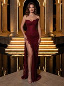 Lace Appliques Mermaid Strapless Long Evening Dresses with Slit