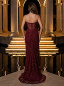 Lace Appliques Mermaid Strapless Long Evening Dresses with Slit