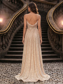 Sequin A Line V Neck Spaghetti Straps Long Evening Dresses