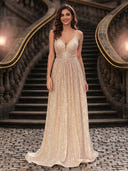 Sequin A Line V Neck Spaghetti Straps Long Evening Dresses