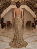 Glitter Sequin Mermaid Halter Sleeveless Long Evening Dresses