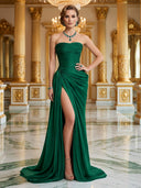 Satin Mermaid Strapless Sleeveless Long Evening Dresses with Slit