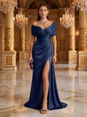 Satin Mermaid Off Shoulder Long Evening Dresses with Slit