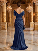 Satin Mermaid Off Shoulder Long Evening Dresses with Slit