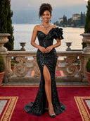 Sequin Mermaid Off Shoulder Long Evening Dresses with Slit