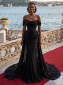 Sparkly Sequin Mermaid Off Shoulder Long Evening Dresses with Train