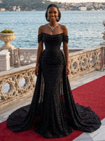 Sparkly Sequin Mermaid Off Shoulder Long Evening Dresses with Train