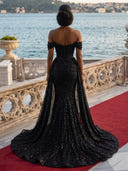 Sparkly Sequin Mermaid Off Shoulder Long Evening Dresses with Train