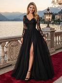 Sparkly Tulle A Line V Neck Long Sleeves Long Evening Dresses with Slit
