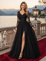 Sparkly Tulle A Line V Neck Long Sleeves Long Evening Dresses with Slit