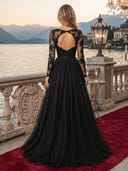 Sparkly Tulle A Line V Neck Long Sleeves Long Evening Dresses with Slit