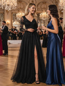 Sparkly Tulle A Line V Neck Long Sleeves Long Evening Dresses with Slit