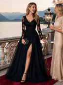 Sparkly Tulle A Line V Neck Long Sleeves Long Evening Dresses with Slit