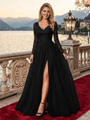 Sparkly Tulle A Line V Neck Long Sleeves Long Evening Dresses with Slit