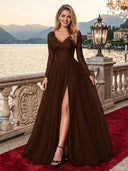 Sparkly Tulle A Line V Neck Long Sleeves Long Evening Dresses with Slit